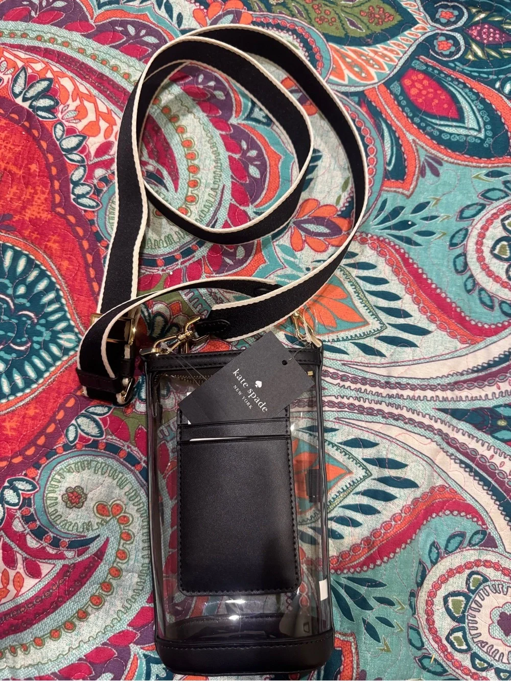 kate spade Clear Crossbody Phone Wallet with Black Trim and Striped Strap